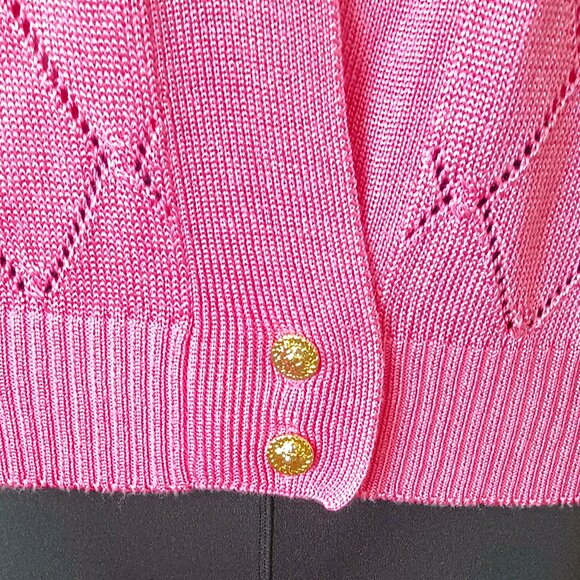 Fia Italia Hand Loomed Cardigan Sweater M Pink Argyle Pattern. Button Bottom - Picture 2 of 8